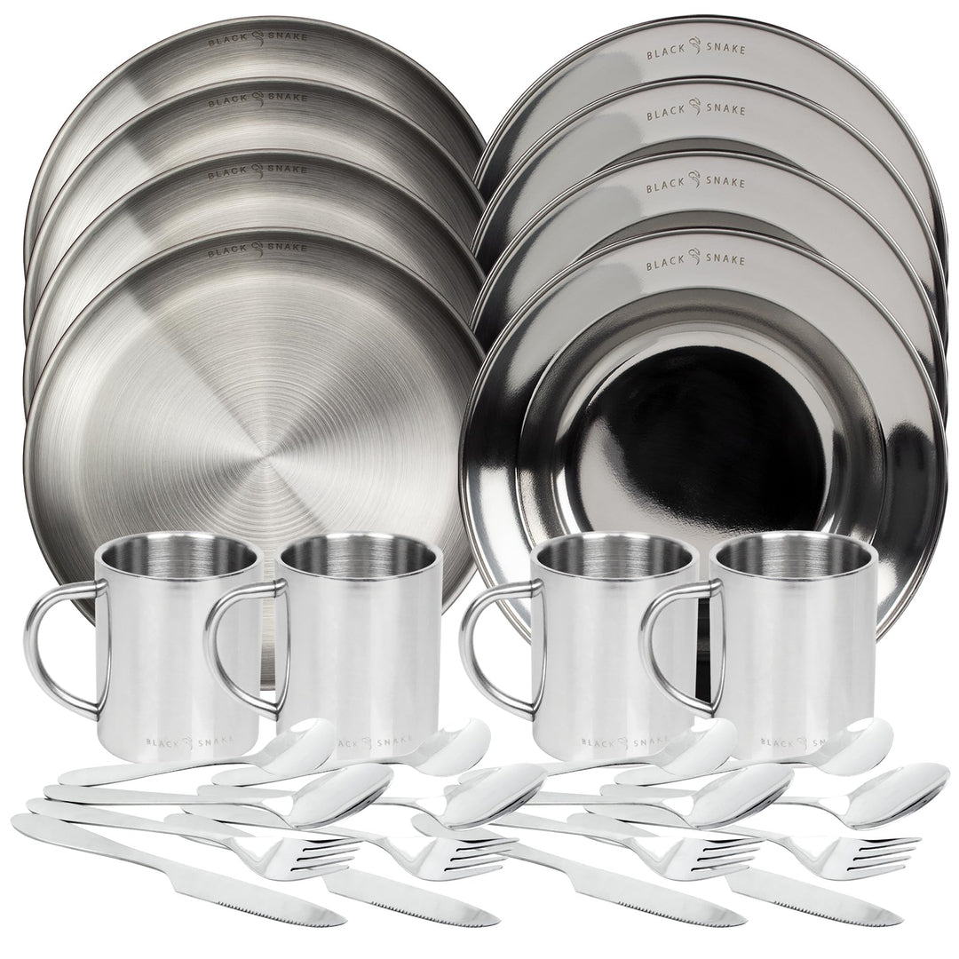 Black Snake® Camping Set - flacher & tiefer Edelstahl Teller mit Lunch-Besteck und Tasse - robustes