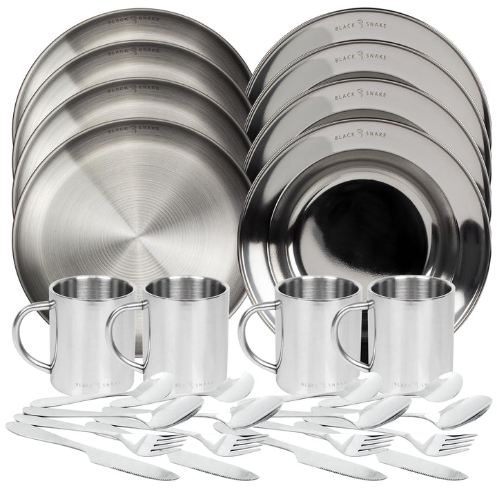 Black Snake® Camping Set - flacher & tiefer Edelstahl Teller mit Lunch-Besteck und Tasse - robustes