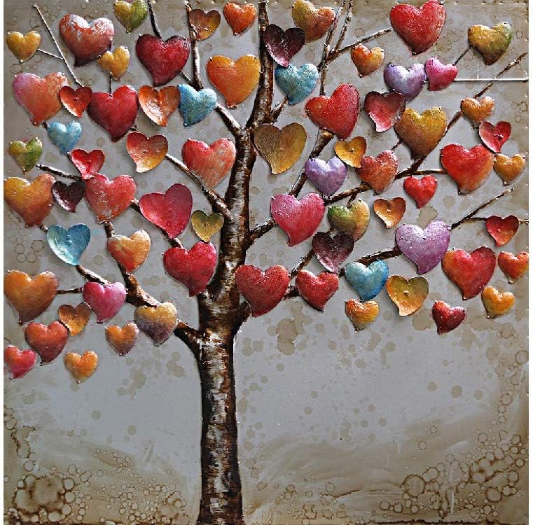 IDYL Wandbild Metall mit 3D-Effekt | Moderne Kunst | Baum mit bunten Herzen | Herzblatt | 60 x 60 x