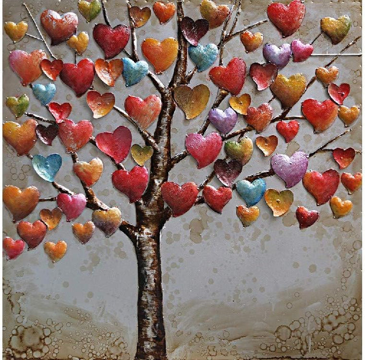 IDYL Wandbild Metall mit 3D-Effekt | Moderne Kunst | Baum mit bunten Herzen | Herzblatt | 60 x 60 x