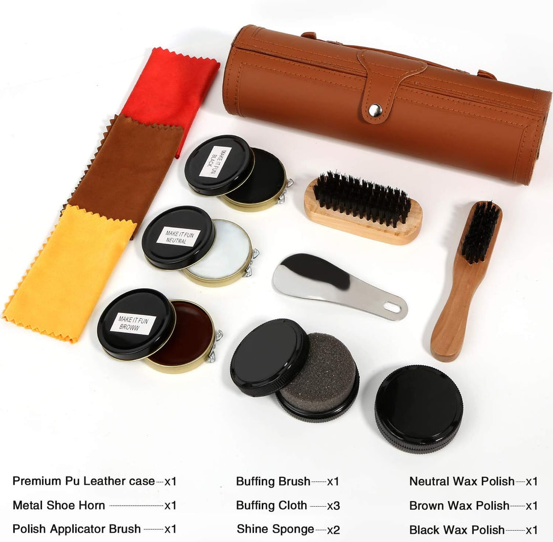 Schuhputz-Set mit einem glatten und eleganten PU Etui, Schuhputz-Reise Set mit Bürste, bestehend aus