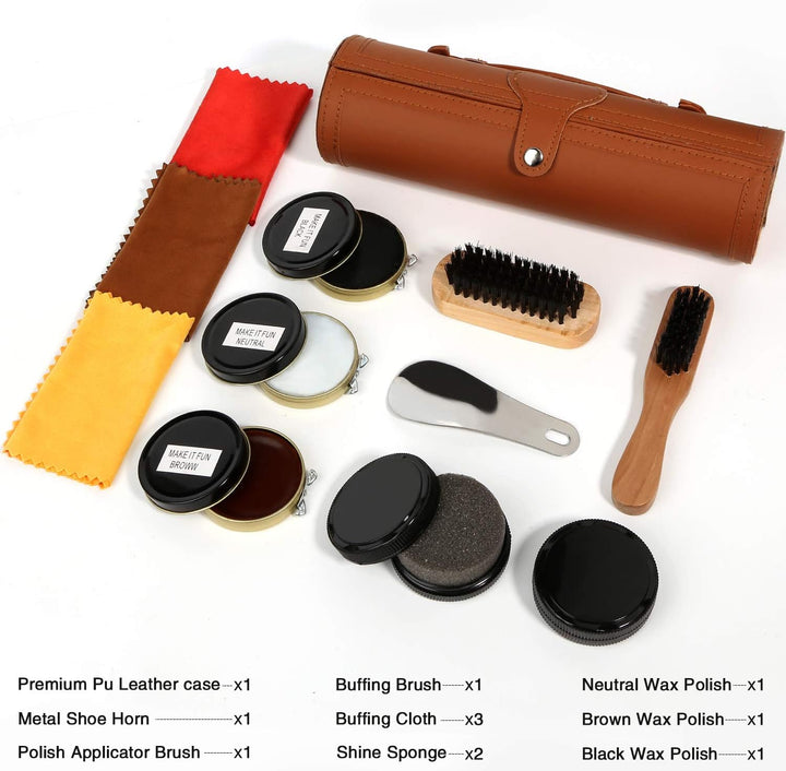 Schuhputz-Set mit einem glatten und eleganten PU Etui, Schuhputz-Reise Set mit Bürste, bestehend aus
