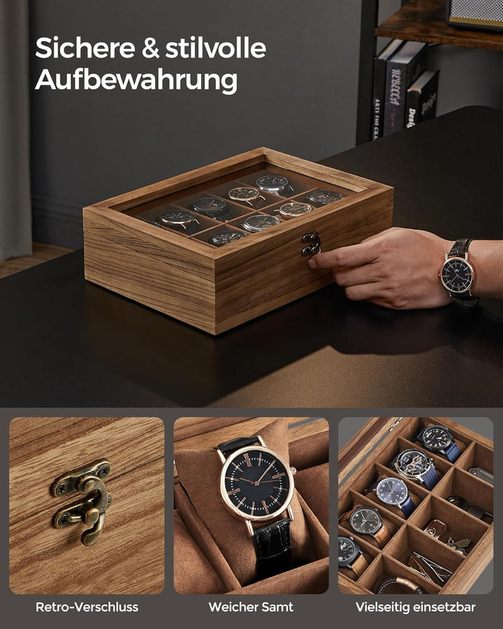 SONGMICS Uhrenbox mit 10 Fächern, Uhrenkasten aus Massivholz, mit Glasdeckel, Uhrenkissen, Geschenk