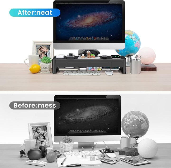 meatanty Monitorständer, 3 in 1 Monitorständer mit USB-Anschlüssen, kabellosem Ladegerät und Schubla