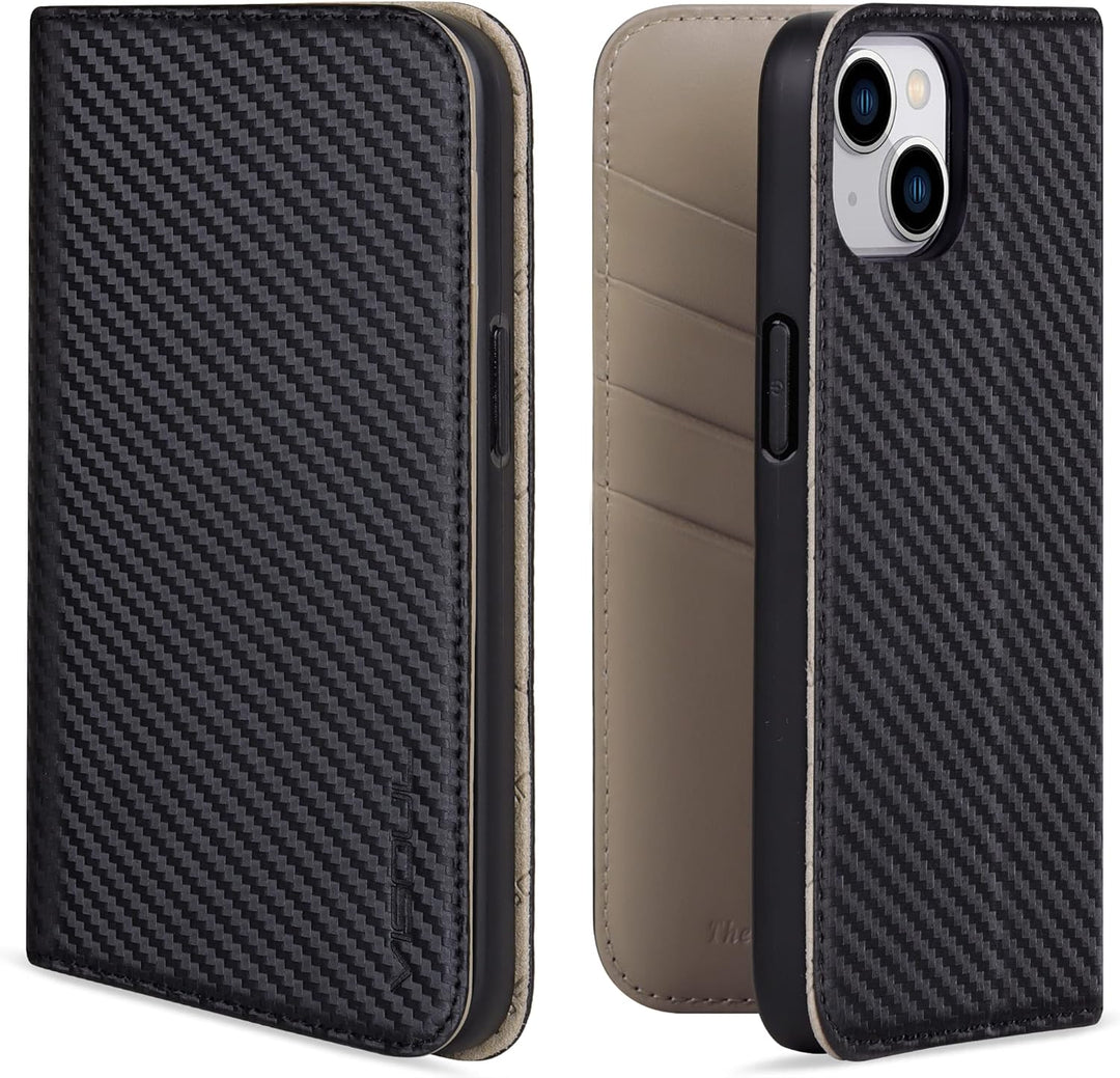 VISOUL iPhone 14 Plus Hülle, Handyhülle [100% Carbon Leder] [RFID Schutz] [Schützt vor Stoss] [Stand