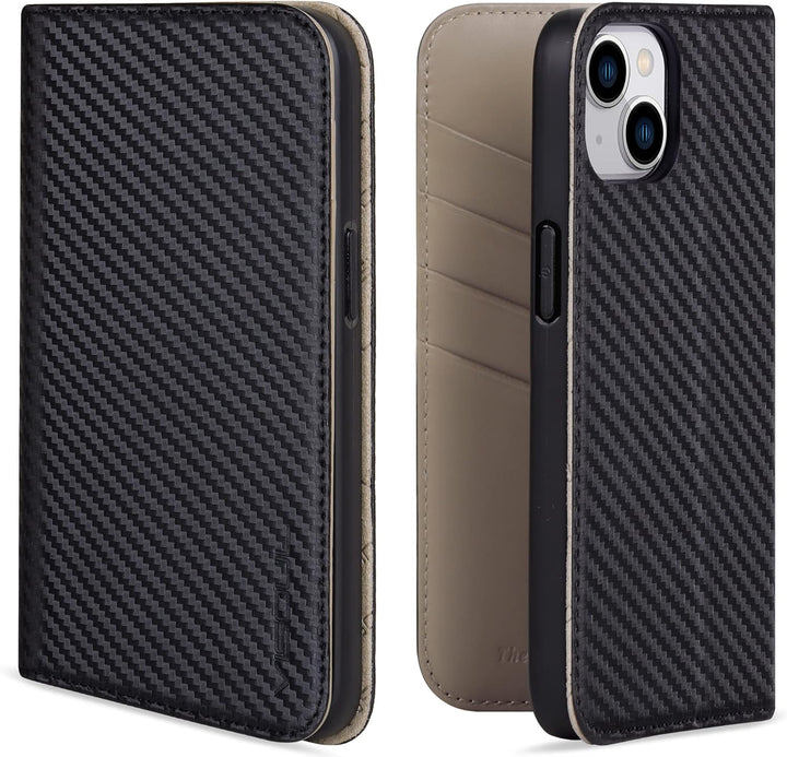 VISOUL iPhone 14 Plus Hülle, Handyhülle [100% Carbon Leder] [RFID Schutz] [Schützt vor Stoss] [Stand