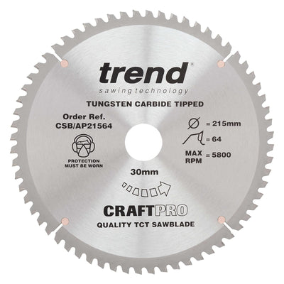 Trend CraftPro Arbeitsplatte Aluminium und Kunststoff TCT Kreissägeblatt, 215mm Durchmesser x 64 Zäh