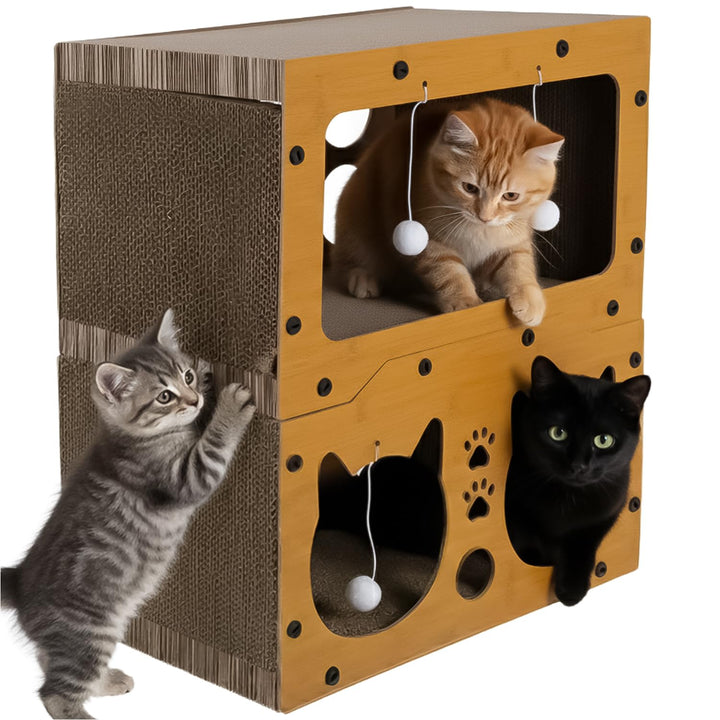 Purlov Katzen Kratzhaus 3-in-1 mit 2 Etagen – HDF & extra Feste Wellpappe, Kratzmöbel & Liegeplatz f
