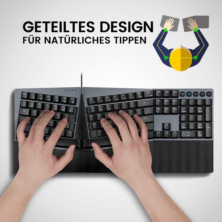 Perixx PERIBOARD-535BL Kabelgebundene ergonomische mechanische Tastatur in voller Grösse – Low Profi