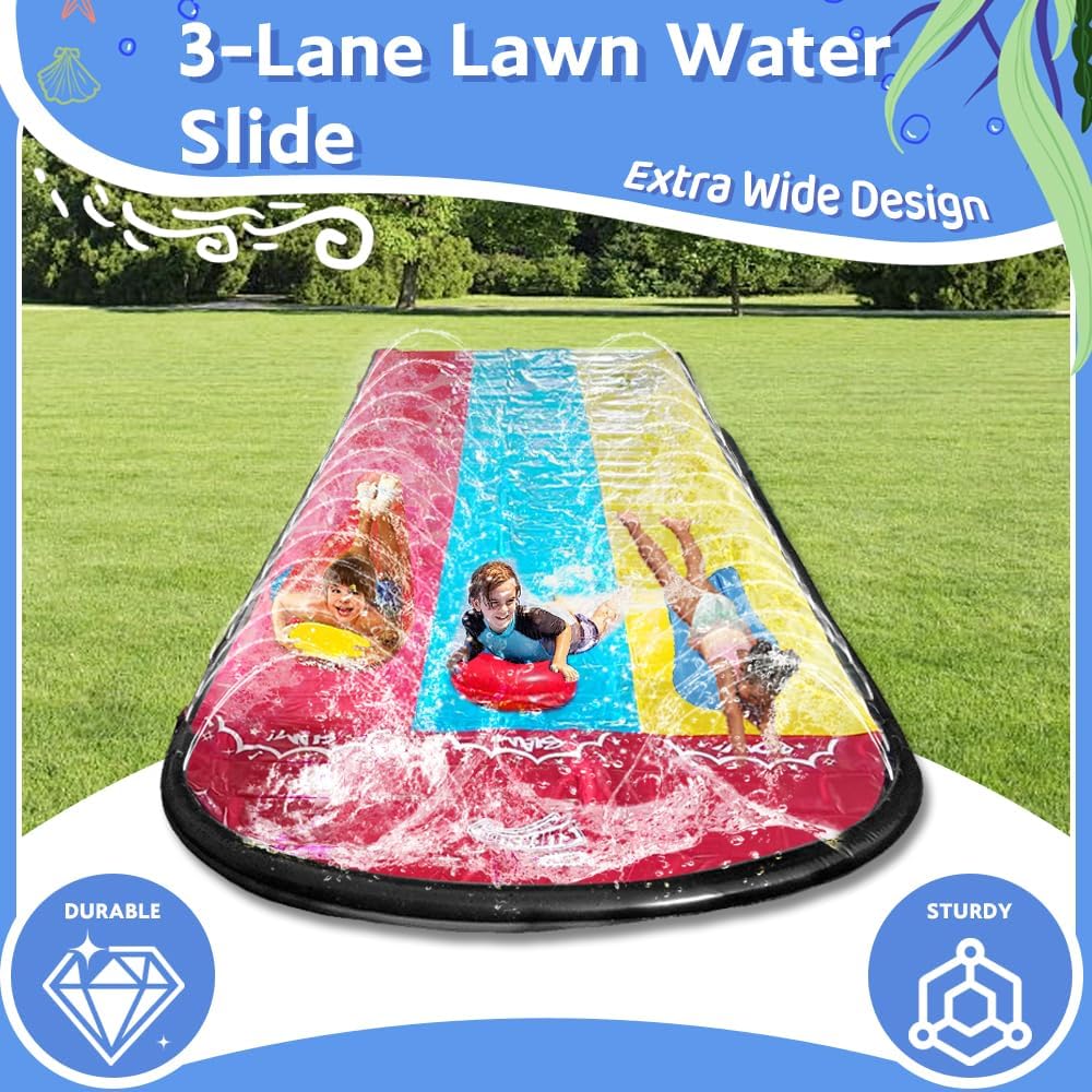 Wasserrutsche Garten für Kinder,480x210CM Slip N Slide Triple mit 3 Bodyboards 5 Reparaturflicken,Dr