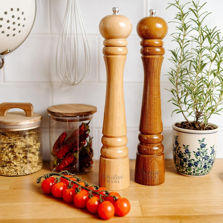 Creative Home Grosse Salz Pfeffermühle Holz | Set von 2 Mühlen mit Mini-Holzschaufel | 31,5cm Höhe |