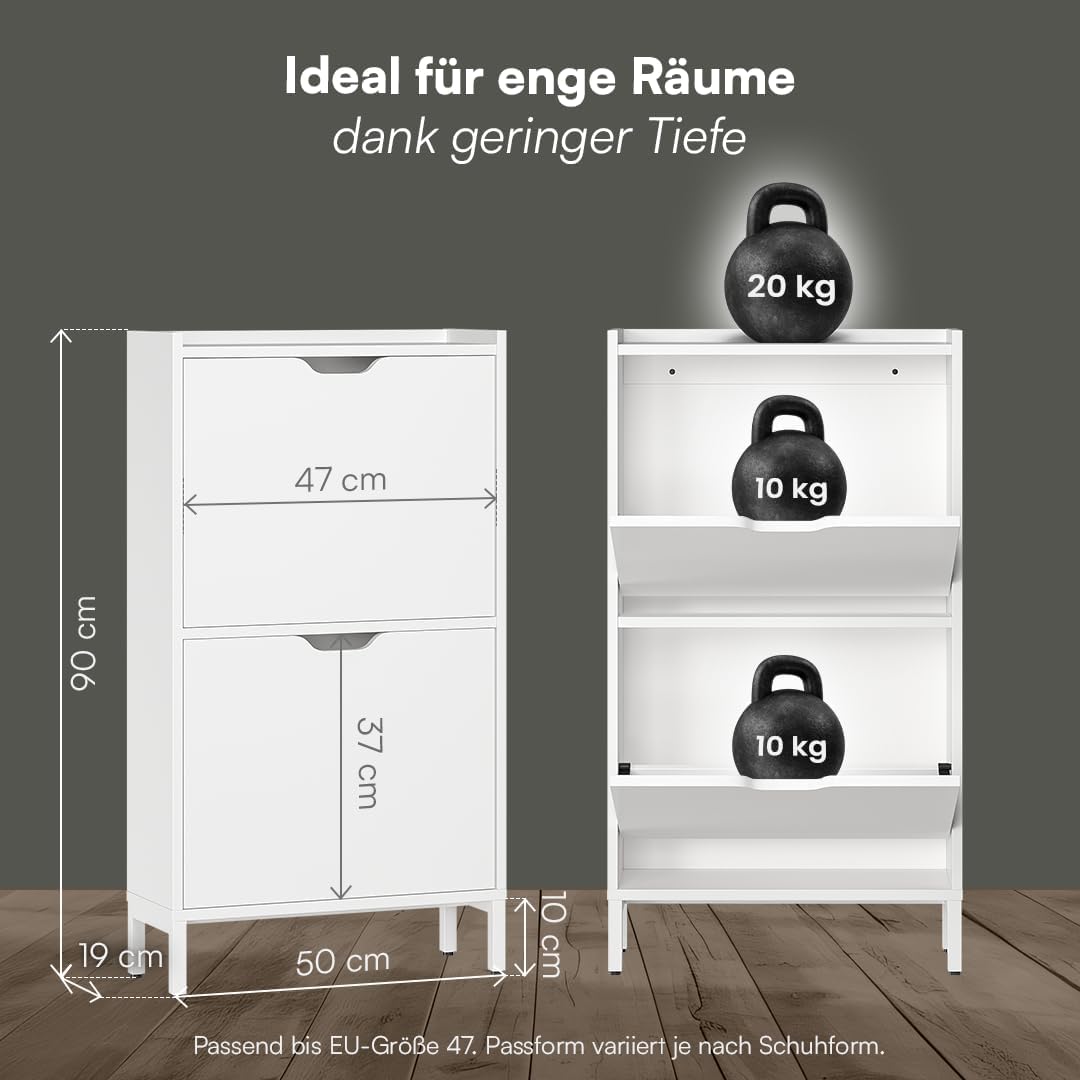 Bellamio Ceyhan Schuhschrank mit 2 Klappen – Schuhkipper weiss aus Holz – Schuhregal schmal 50x19x90
