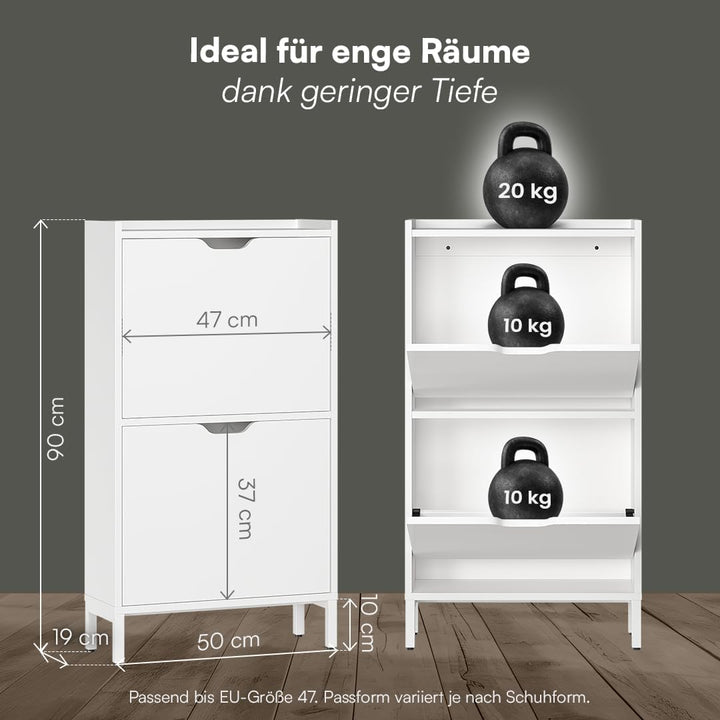 Bellamio Ceyhan Schuhschrank mit 2 Klappen – Schuhkipper weiss aus Holz – Schuhregal schmal 50x19x90