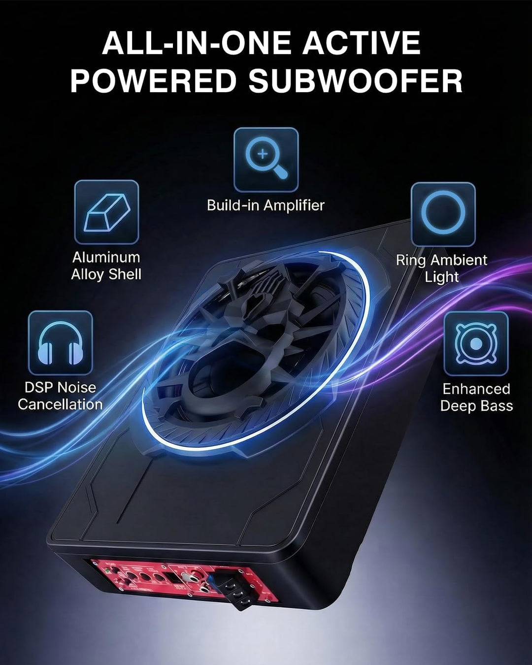 Aktiver Subwoofer für Auto, unter den Sitzen montierbar, maximale Leistung 1200W, 10 Zoll, integrier