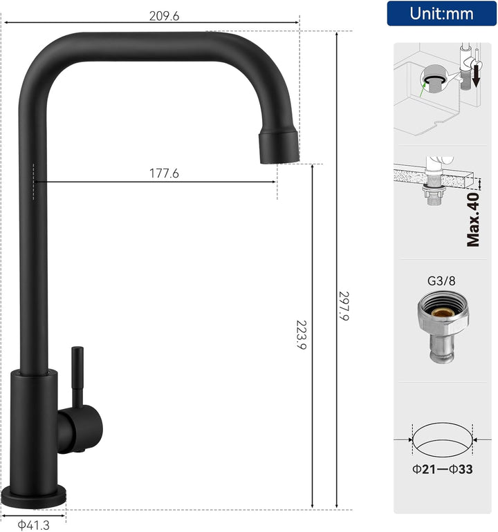 CECIPA Kaltwasserhahn, 360° Drehbarer Wasserhahn Kaltwasser, Edelstahl Kaltwasser Armaturen für Küch