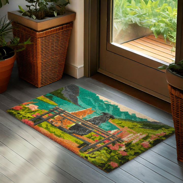 BRUBAKER Fussmatte für Aussen und Innen - Hund und Katze auf Bank vor Bergsee mit Blumen - 45 x 75 c
