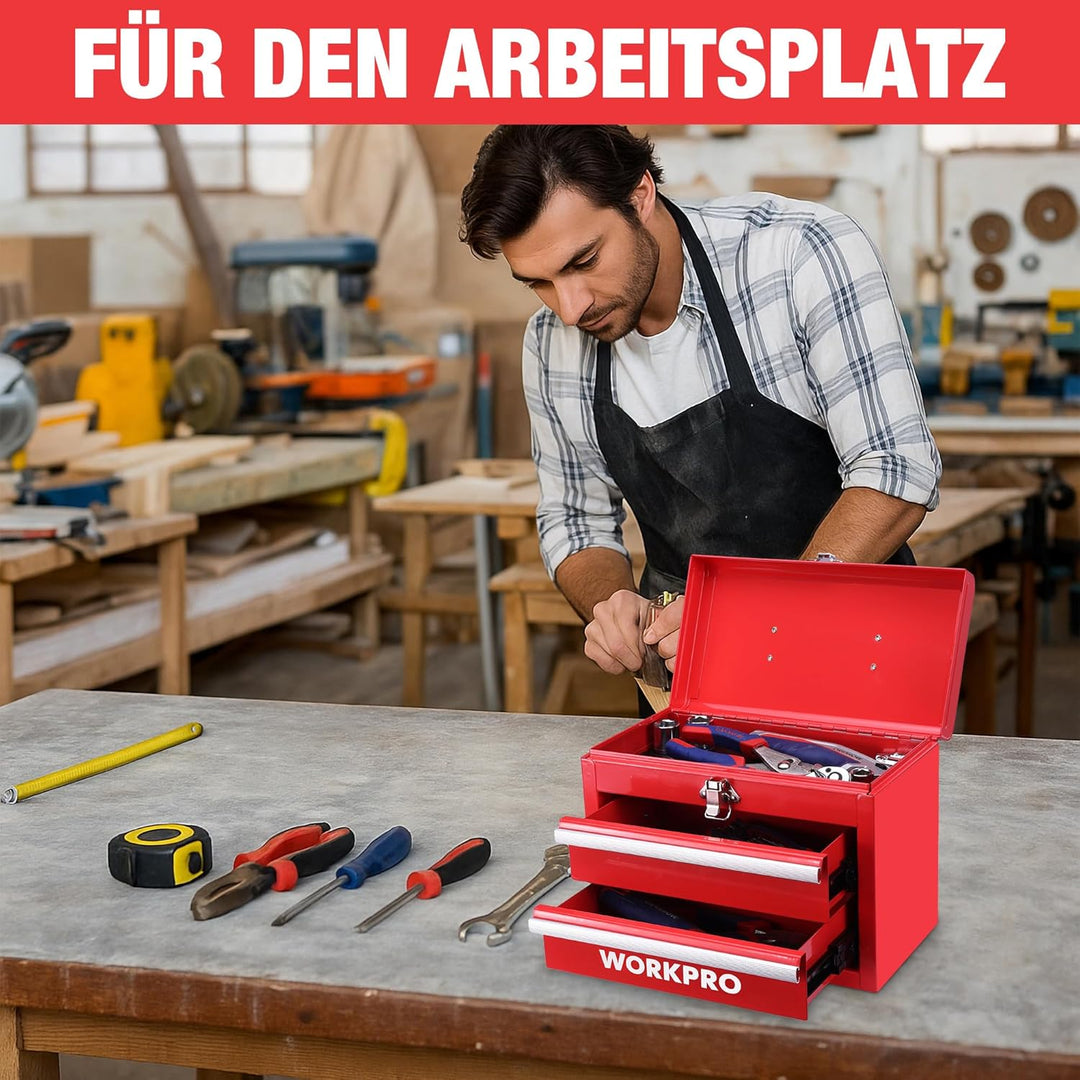 WORKPRO Metall Schubladenbox mit 2 Schubladen & Oberer Stauraum Rot, 27,5x15x20,8cm Tisch Organizer