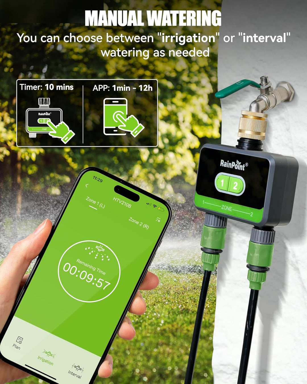 RAINPOINT Bewässerungscomputer Bluetooth 2 Ausgänge, Messingeinlass, Automatische Garten Bewässerung