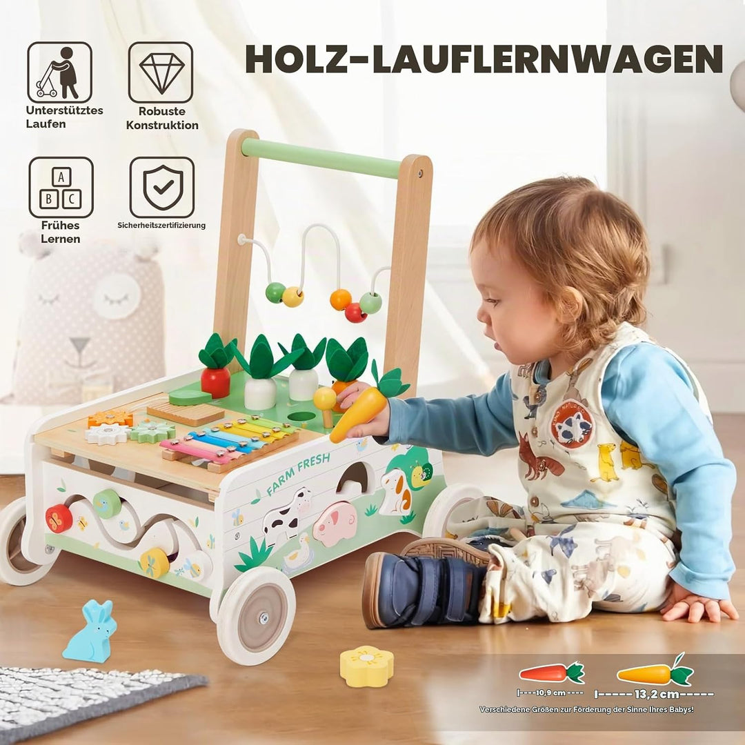 Labebe Lauflernwagen Holz,Baby Lauflernhilfe mit gummierten Holzrädern und Activity Center, Gehfrei