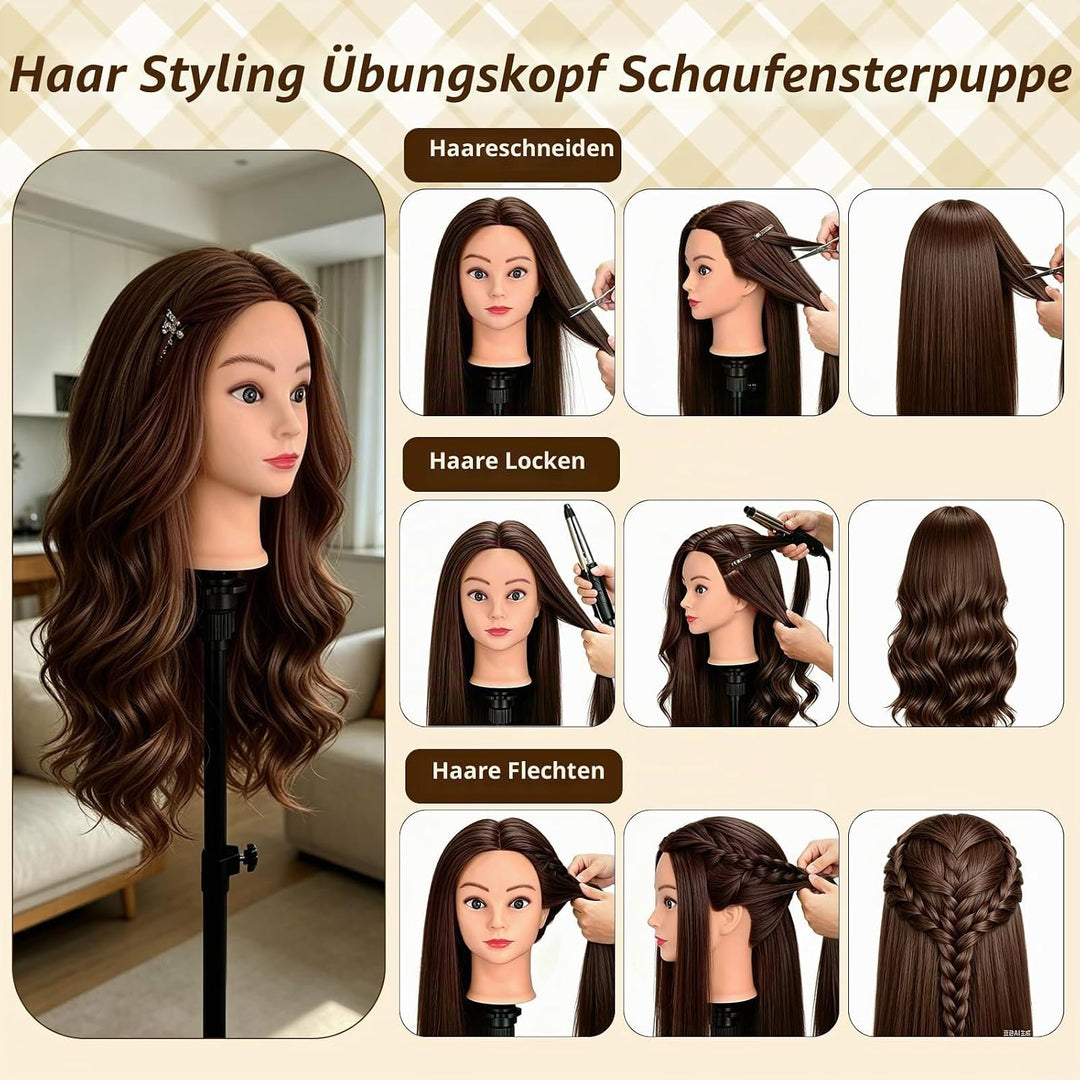 Frisierkopf mit 90% Echthaar kopf zum Frisieren 60cm/24 Zoll Trainingskopf Frisierpuppe Puppe Lange