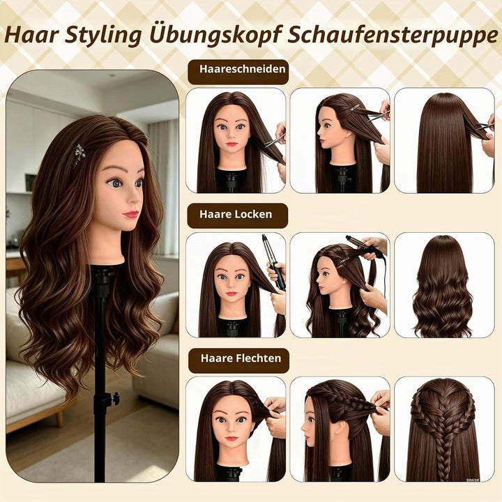 Frisierkopf mit 90% Echthaar kopf zum Frisieren 60cm/24 Zoll Trainingskopf Frisierpuppe Puppe Lange