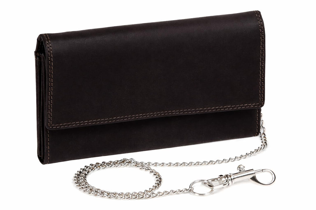 LEAS Grosse Bikerbörse Langbörse mit Chrom-Kette im Vintage-Stil MCL in Echt-Leder, schwarz Chain-Se