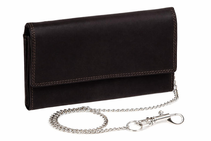 LEAS Grosse Bikerbörse Langbörse mit Chrom-Kette im Vintage-Stil MCL in Echt-Leder, schwarz Chain-Se