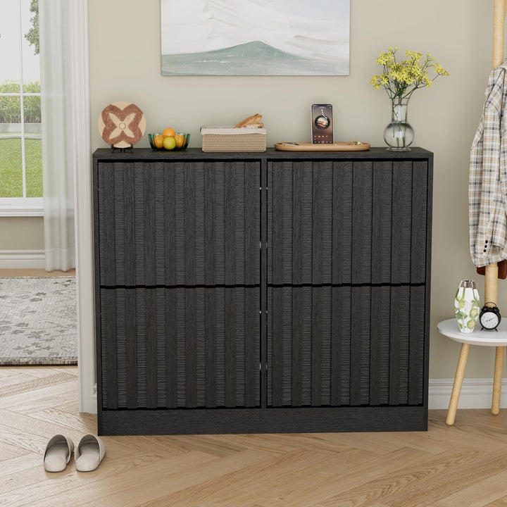 UEV Schuhschrank mit 4 Klappen Holz Schmal Schuhkipper Schuhkommode mit Kippschutz, Schuhaufbewahrun
