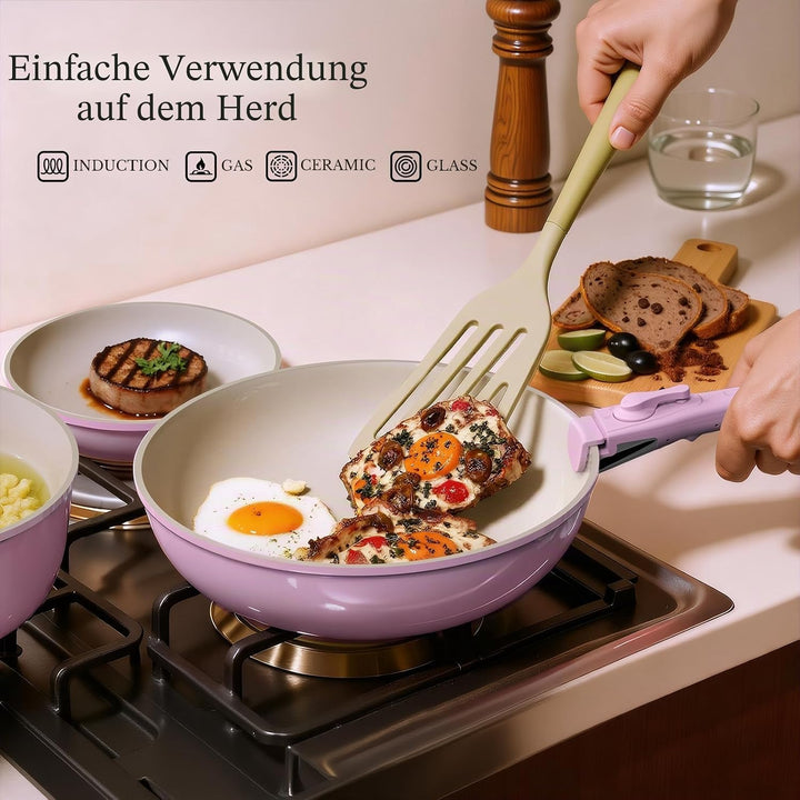 Töpfe und Pfannen Set Non-Stick, Keramik Kochgeschirr Set Abnehmbare/abnehmbare Griffe, RV Camping K