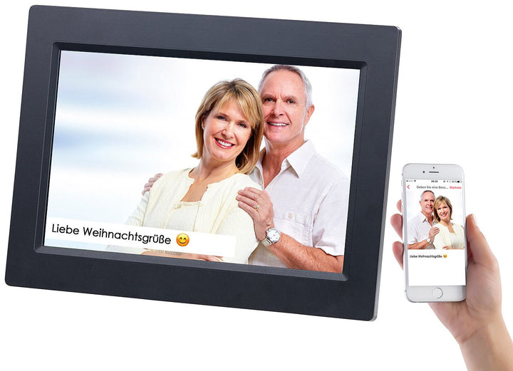 Somikon Digitale Bilderrahmen: WLAN-Bilderrahmen mit 25,7-cm-IPS-Touchscreen & weltweitem Bild-Uploa