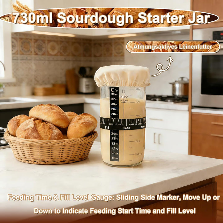 10 Stück Sauerteig Starter Set, 23 cm runde und 25 cm ovale Gärkörbchen, 730 ml Gärgläser, Teigbackz