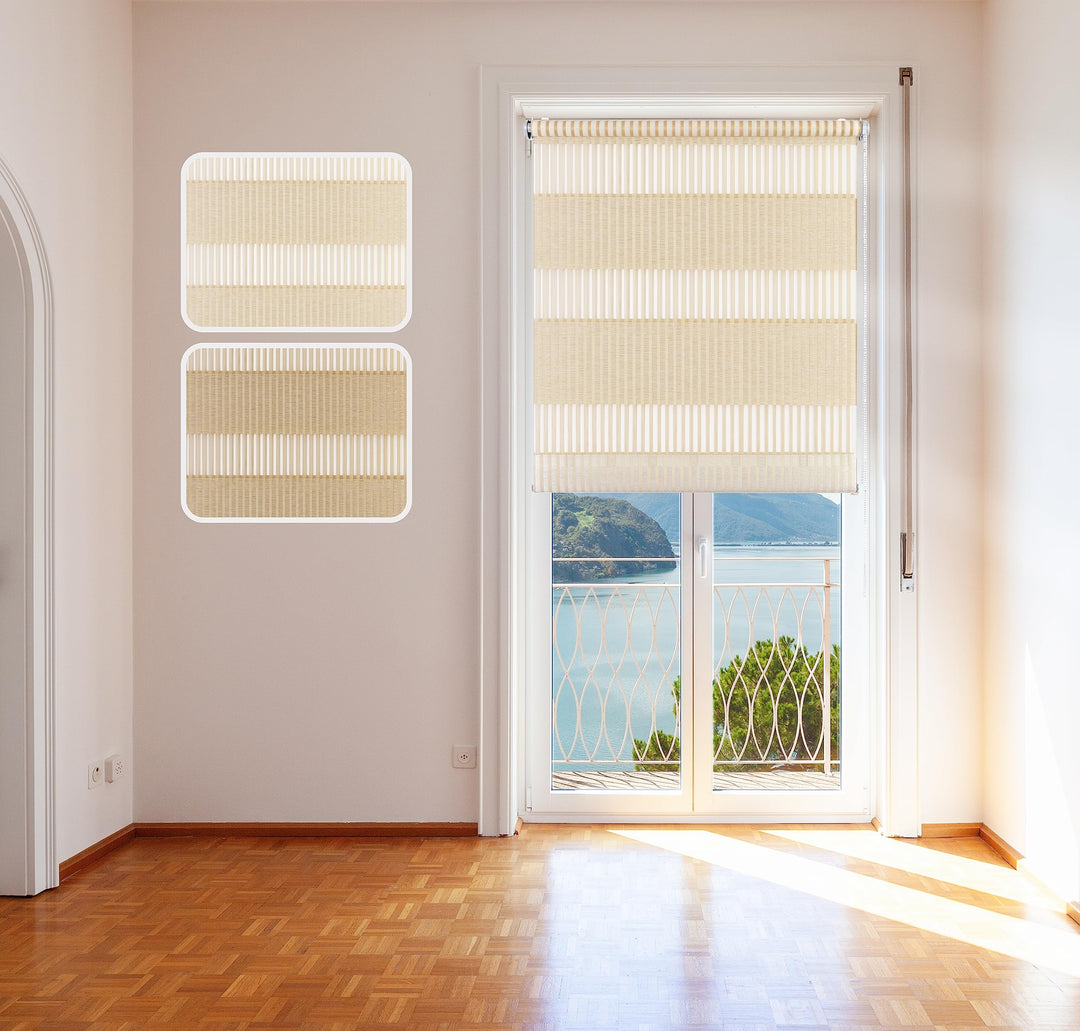 Doppelrollo Bambus, 75x150cm, Creme, mit extra Breiten Stoff-Streifen in Bambusgras-Optik, Klemm-Fix