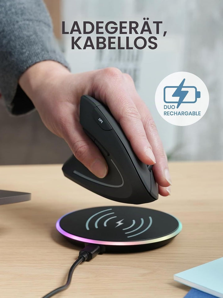 Perixx PERIMICE-713LRX – Kabellose wiederaufladbare vertikale Maus für Linkshänder, duales Laden per