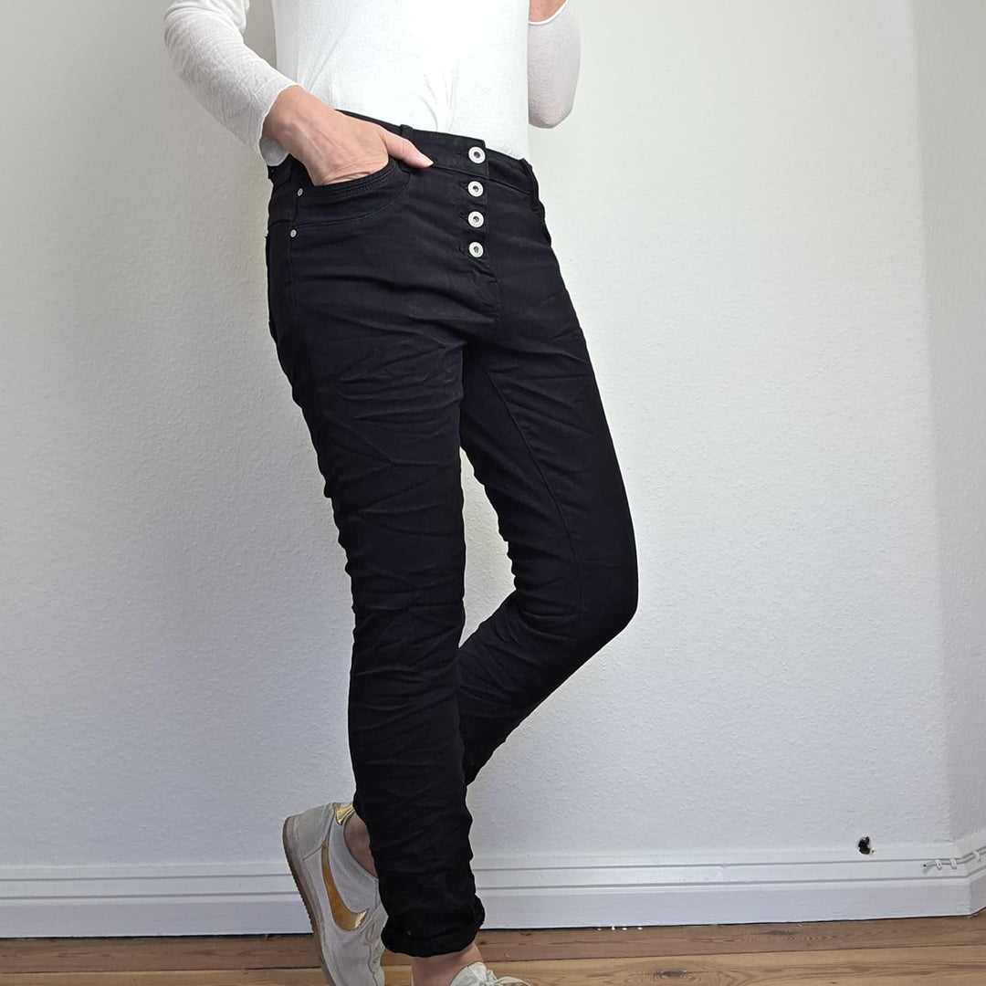 Jewelly Stretch Jeans| im Baggy Boyfriend Schnitt| Damen Hose mit dekorativer Knopfleiste| Perfekter