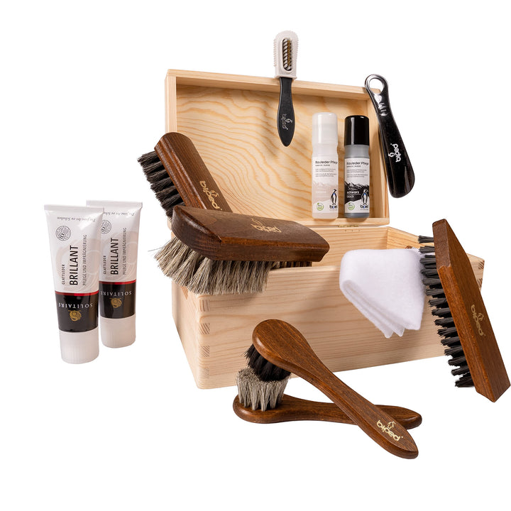 Die Schuhanzieher Schuhputzset Allround 13-teilig mit praktischer Holzkiste 30 x 20 x 14 cm