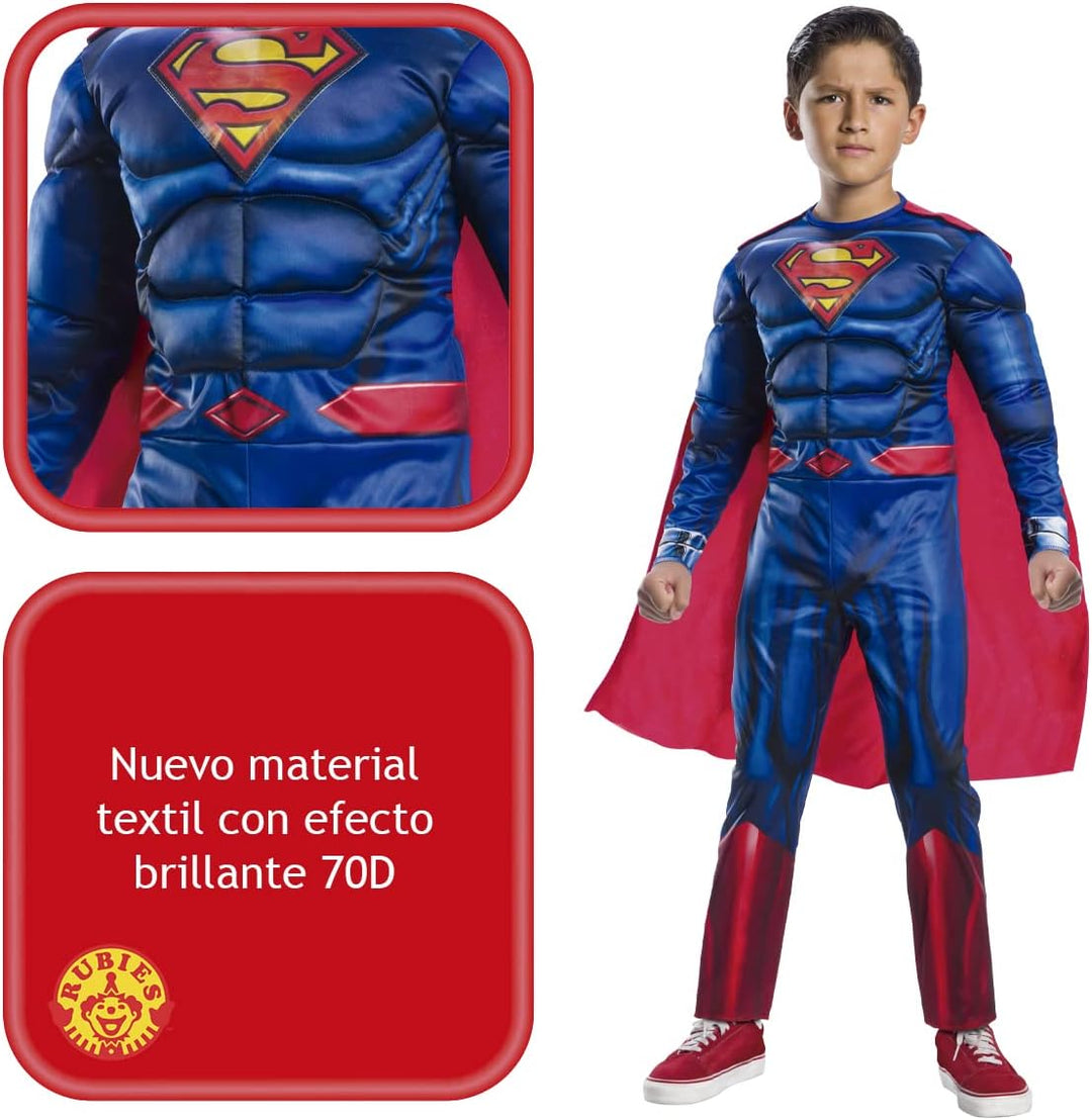 Rubies Superman Black Line Deluxe Kostüm für Kinder, Jumpsuit mit muskulöser Brust und Umhang, offiz