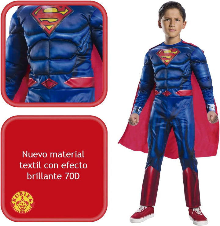 Rubies Superman Black Line Deluxe Kostüm für Kinder, Jumpsuit mit muskulöser Brust und Umhang, offiz