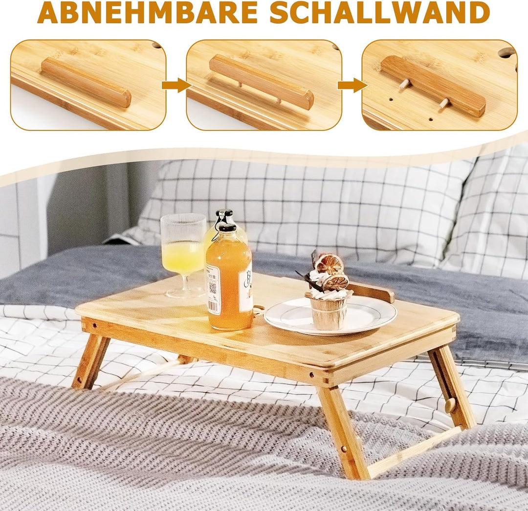 GYMAX höhenverstellbar Laptoptisch, klappbares Betttablett aus Bambus mit kippbarer Platte, ausziehb