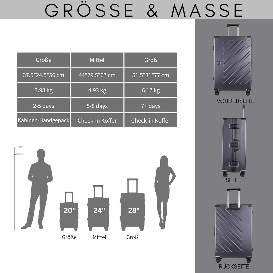 JLY Koffer gross 28 Zoll aus Polycarbonat, 4 Doppelrollen, Anthrazit | Ohne Reissverschluss, 2 TSA-S