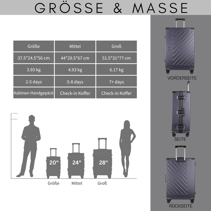 JLY Koffer gross 28 Zoll aus Polycarbonat, 4 Doppelrollen, Anthrazit | Ohne Reissverschluss, 2 TSA-S