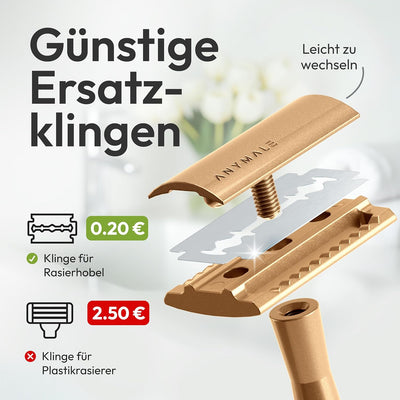 ANYMALE® Rasierhobel Gold Edition - Damen Set mit Ständer und 5 ASTRA Klingen - Plastikfreier Rasier