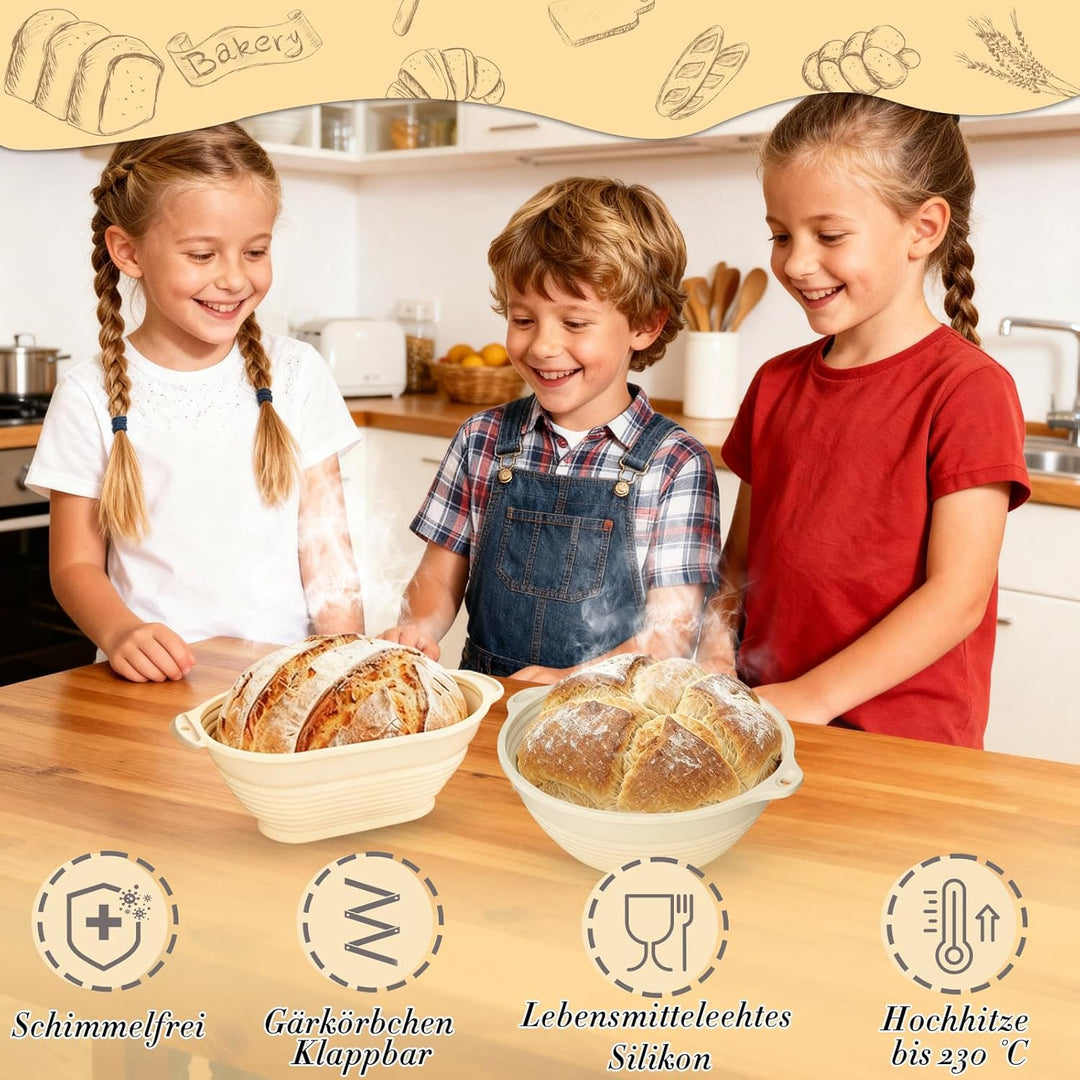 Gärkörbchen Set,13-Teilig Sauerteig Starter Set,28 cm Gärkörbchen Oval und 25 cm Gärkorb Rund aus Si