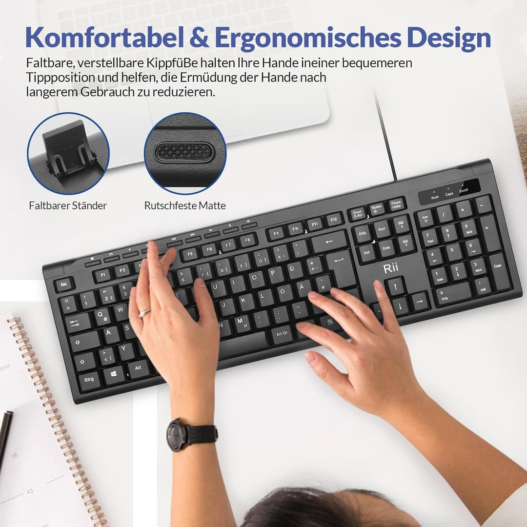 Rii Kabelgebundenes Tastatur-Maus-Set, PC Tastatur mit Kabel, Spritzwassergeschützt, Ergonomisch, US