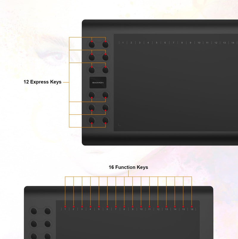 GAOMON M106K - 10 x 6 Zoll Profi Grafiktablett mit 12+16 Programmierender Tasten und Kabellosem Stif