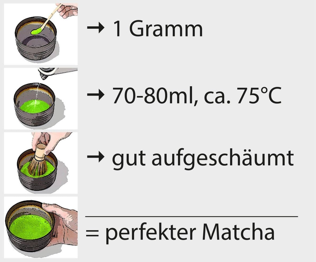 Matcha Komplett Set 5-teilig: Schale anthrazit/gelb 250ml, Bambuslöffel, Bambusbesen, Besenhalter un