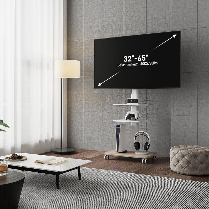 FITUEYES TV Bodenständer Rollbar mit 3 Ablagen TV Standfuss TV Ständer Fernsehstand mit Rollen höhen