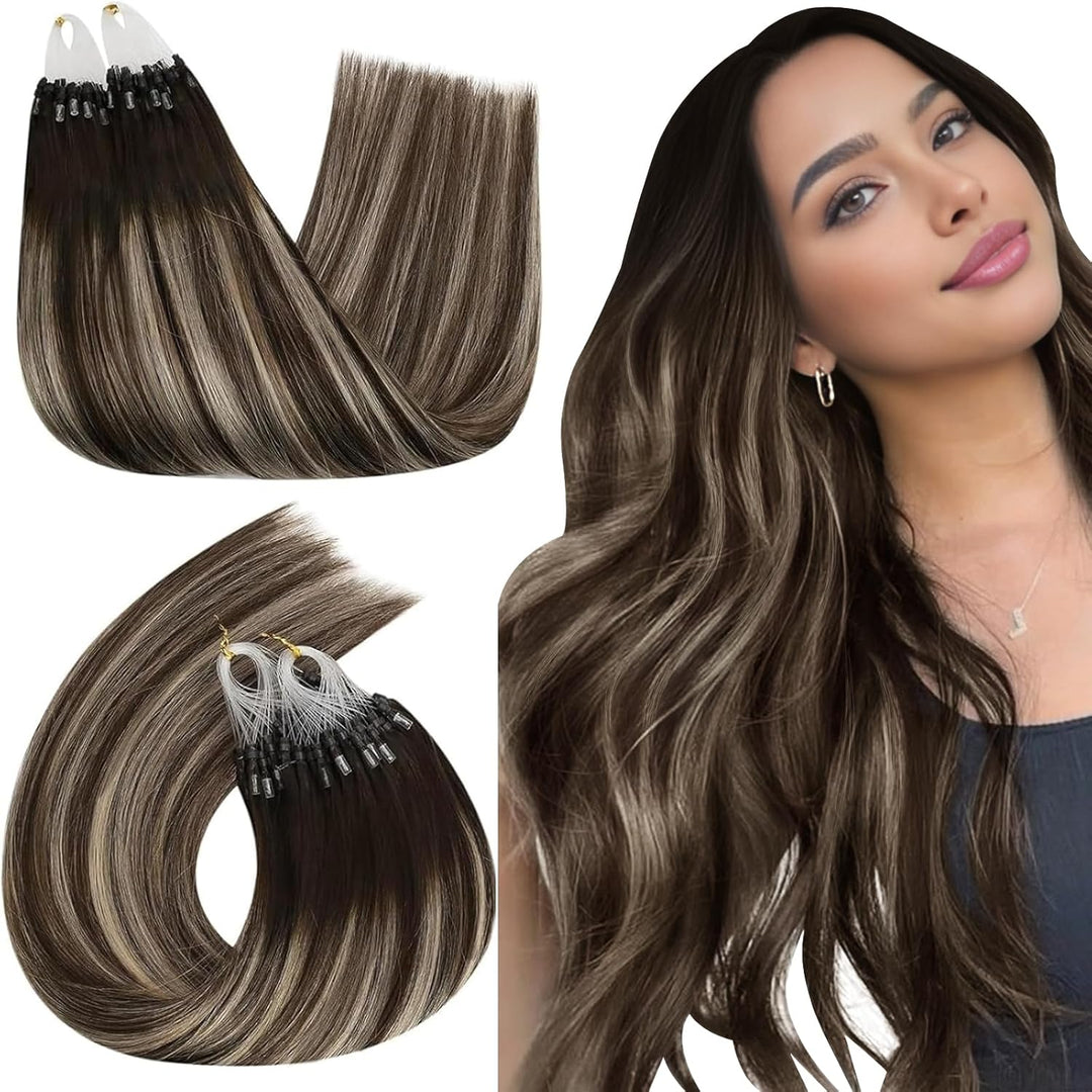 Ugeat 55cm Haarverlängerung Micro Bondings Balayage 4/18/4 Dunkelbraun Ombre Aschblond Microlink Hai