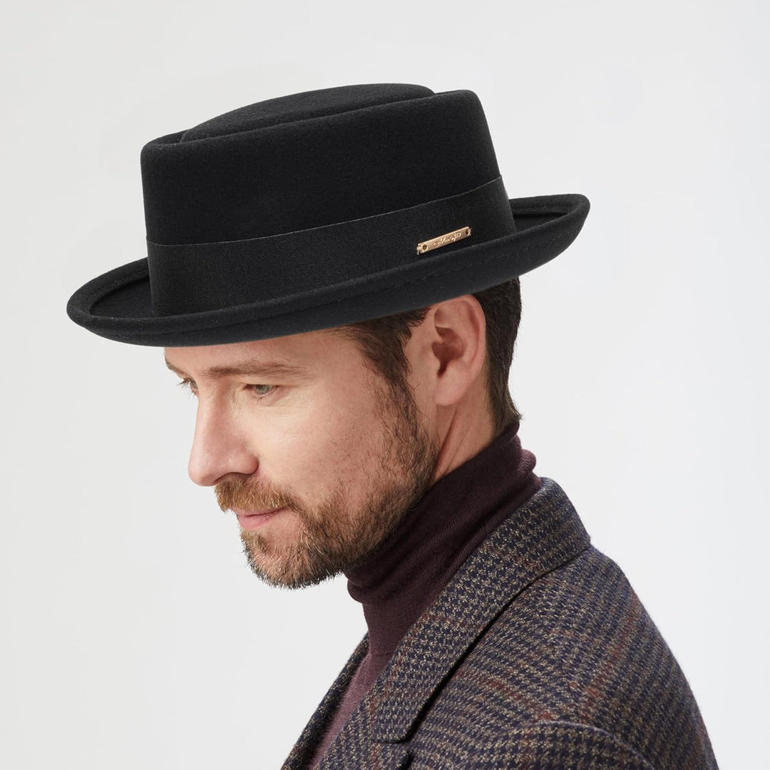 Pork Pie Hut für Herren, Wolle, flache Oberseite, Fedora-Hut, Unisex, Porkpie-Hüte (S/M) M Schwarz,
