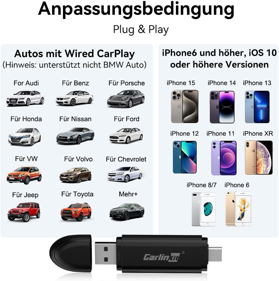 Carlinkit MINI5 Wireless CarPlay Adapter, verwandelt das Originale kabelgebundene CarPlay Ihres Auto