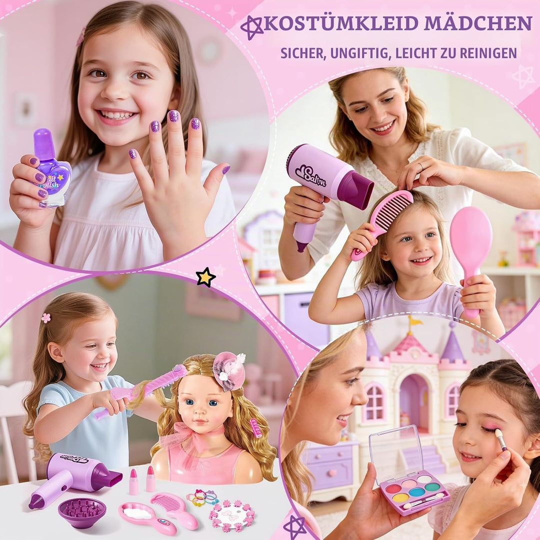 Frisierkopf Kinder Schminkkopf Mädchen Spielzeug, Stylingkopf Set mit Haartrockner, Lockenstab, Schm
